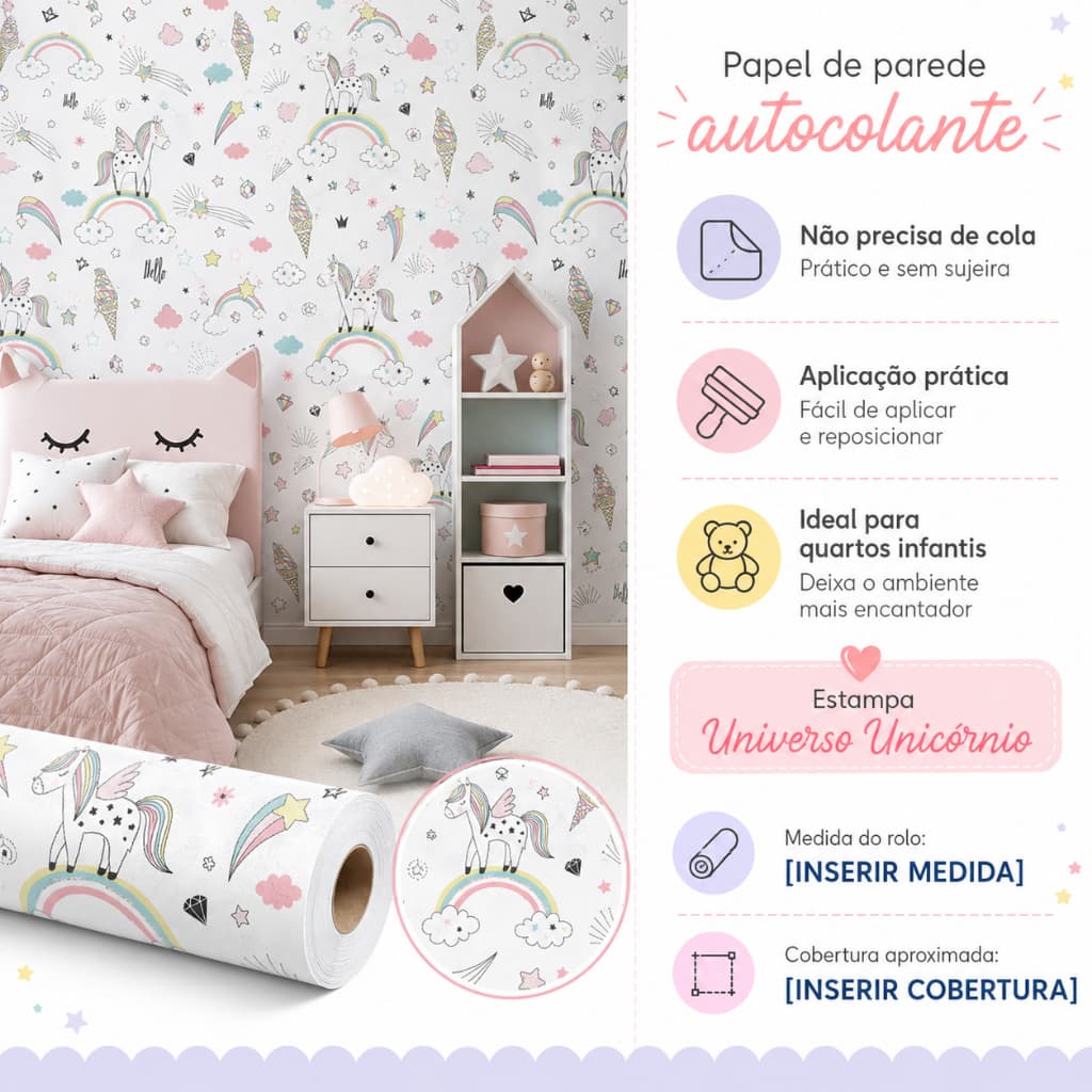 Papel de Parede Adesivo Infantil Para Meninos e Meninas - Quarto - Unicornio Autocolante Fácil Aplicação
