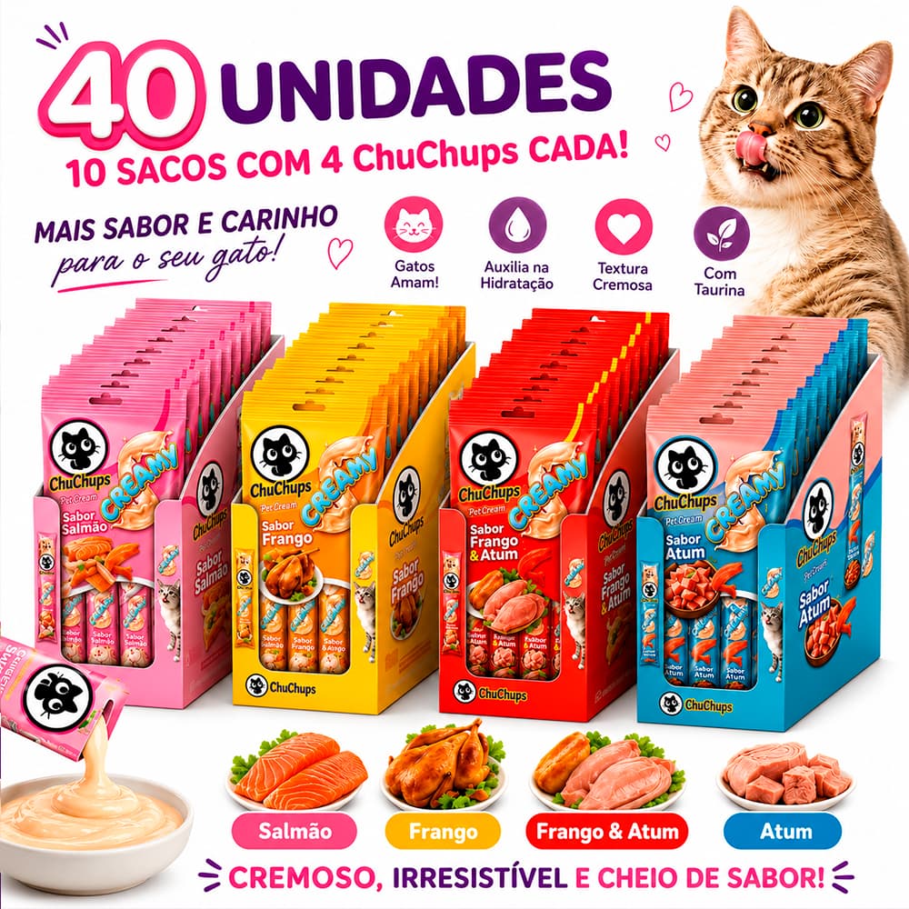 Kit 40 Sachê ChuChups Creamy Churu 15g Petisco Patê Cream Snack Líquido Sachês Para Gatos Salmão Frango Atum