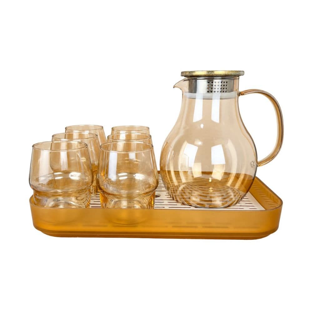 Kit De Jarra Com Filtro, 6 Copos Vidro E Bandeja Âmbar Premium 8 Peças Para Servir Água, Suco E Chá