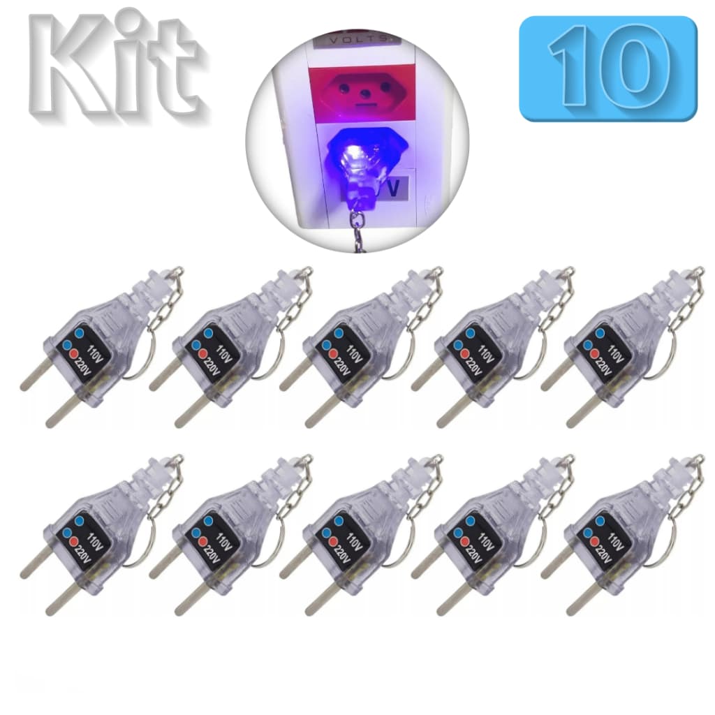 Kit 10 Chaveiros Teste Fácil Tomada Identificador Tensão Energia Voltagem 110/220v Plug 2 Pinos Macho