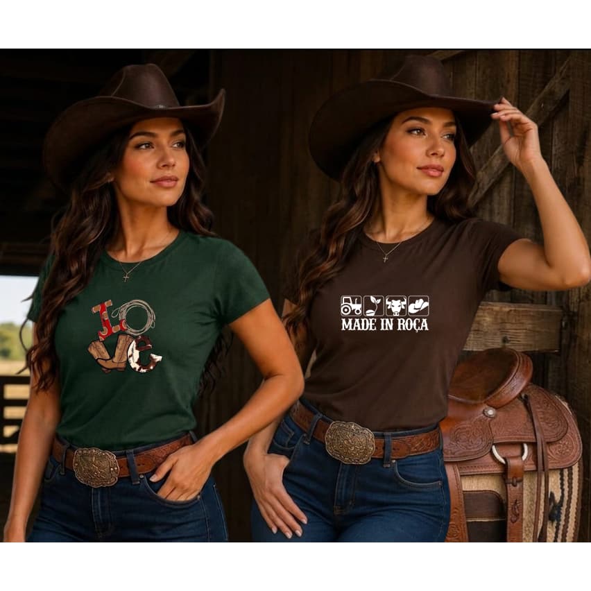 Kit 2 Camiseta Moda Country Estampada T-Shirt Cowgril 100% Algodão Feminina Rodeio Western Texas Sertanejo Agro