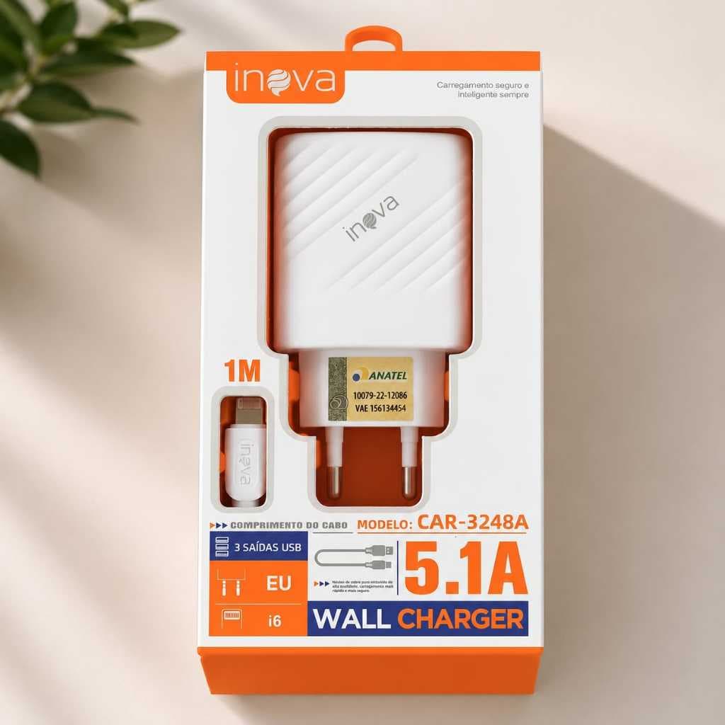Carregador para iphone celular rapido forte 3 portas USB Inova 5.1A de 1 metro modelo CAR-3248A