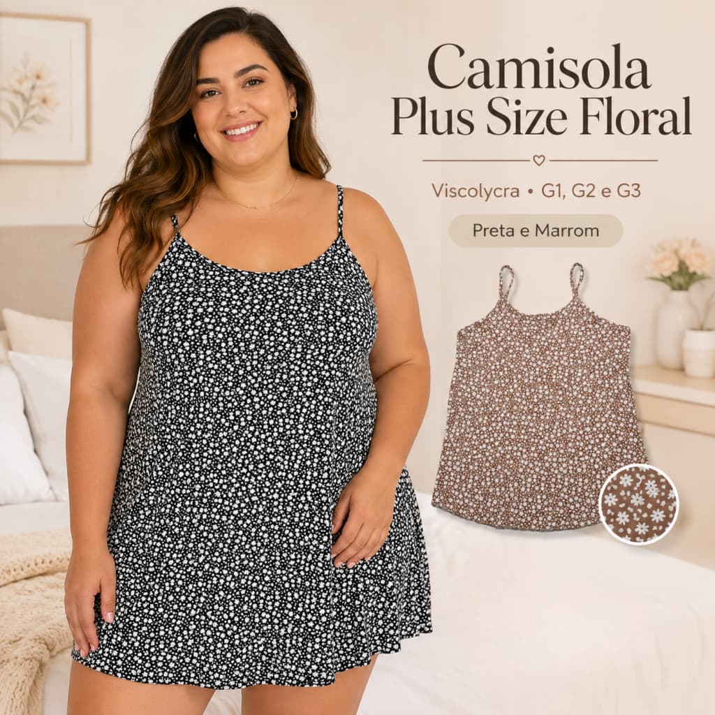 Camisola Plus Size Viscolycra Floral Preta Feminina Alça Fina Pijama Confortável