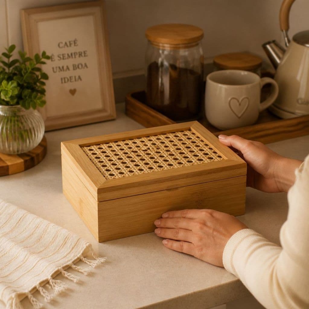Organizador Porta Chá Bambu Natural com Tampa de Palhinha 6 Divisórias Caixa para Sachês  Gourmet