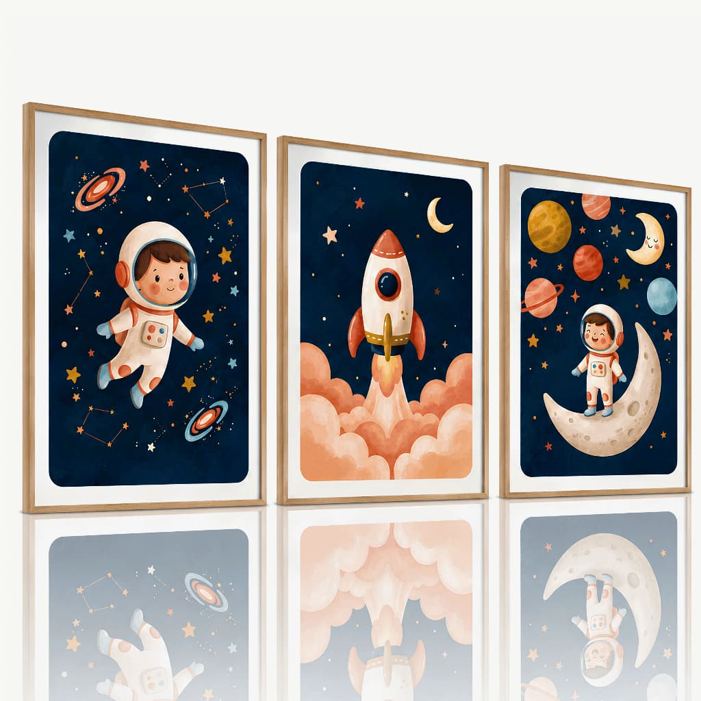 Kit 3 Quadros Astronauta Infantil Foguete Lua Planetas Decoração Quarto Bebê Menino