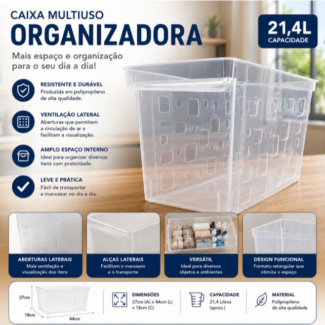 Caixa Organizadora 21,4 Litros Transparente Cesto Organizador Multiuso Plástico Retangular