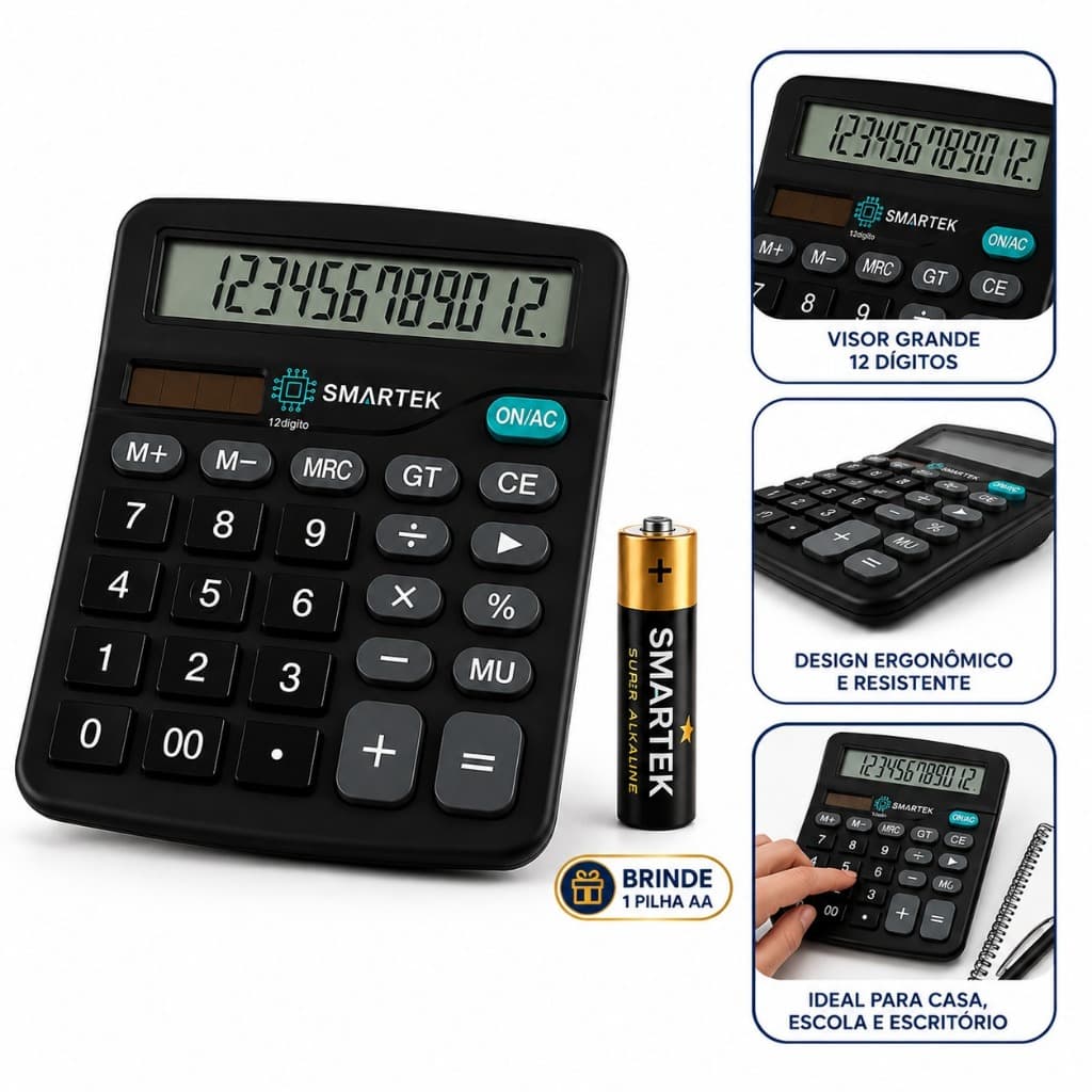 Calculadora De Mesa 12 Dígitos Visor Grande Display Teclas Grandes Preta Pilha AA De Brinde Inclusa