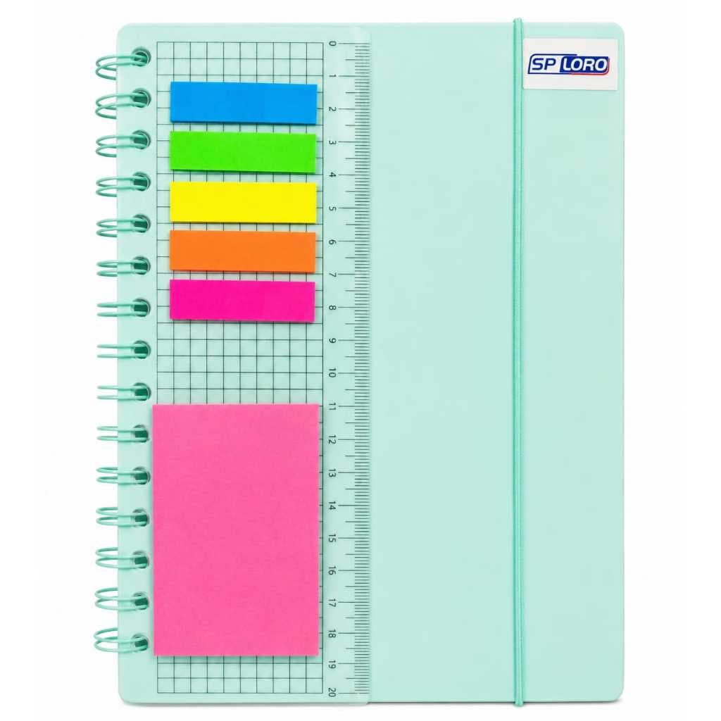 Caderno Planner com Régua e Bloco de Notas Adesivas + Postit | Caderno Espiral com Sticky Notes e Elástico