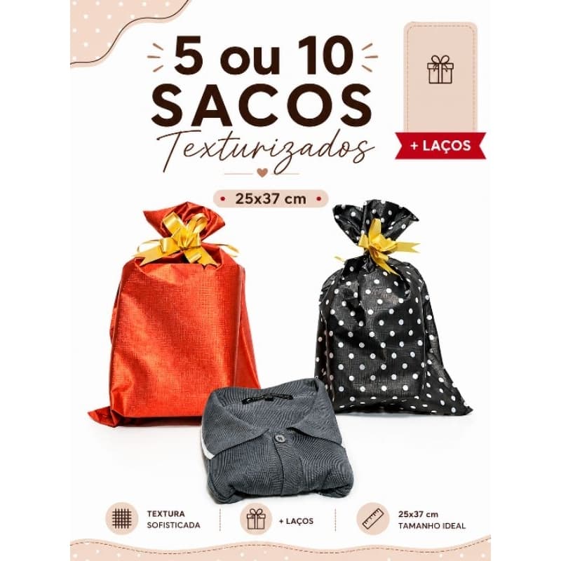 Kit 5 ou 10 Sacos Texturizados 25x37 Com Laços Presente Embalagem Dia dos Pais
