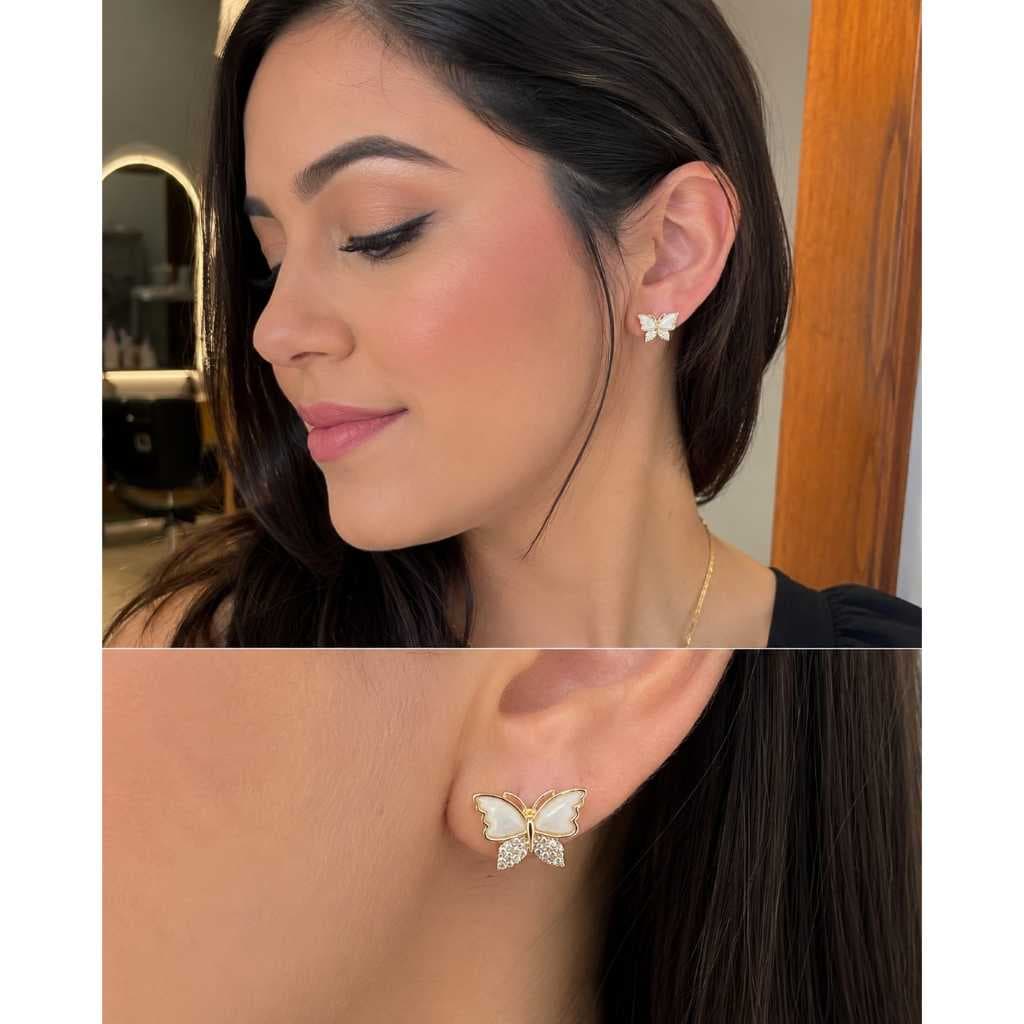 BRINCO BORBOLETA CRAVEJADO FOLHEADO A OURO - ELEGANCIA E DELICADEZA