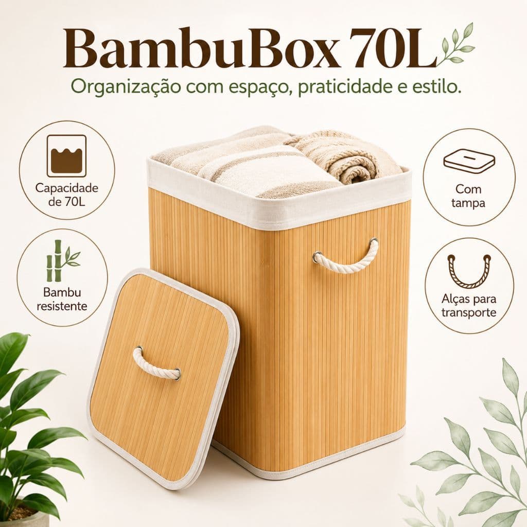 Cesto Organizador de Bambu 70L com Tampa e Alças para Roupas Sujas, Brinquedos e Lavanderia