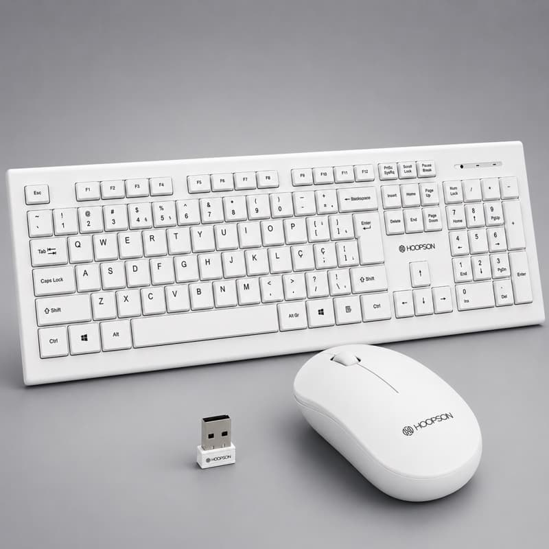 Kit Teclado e Mouse Sem Fio Hoopson Branco USB 2.4GHz ABNT2 Mouse 1000 DPI Wireless  Notebook PC Computador escritório