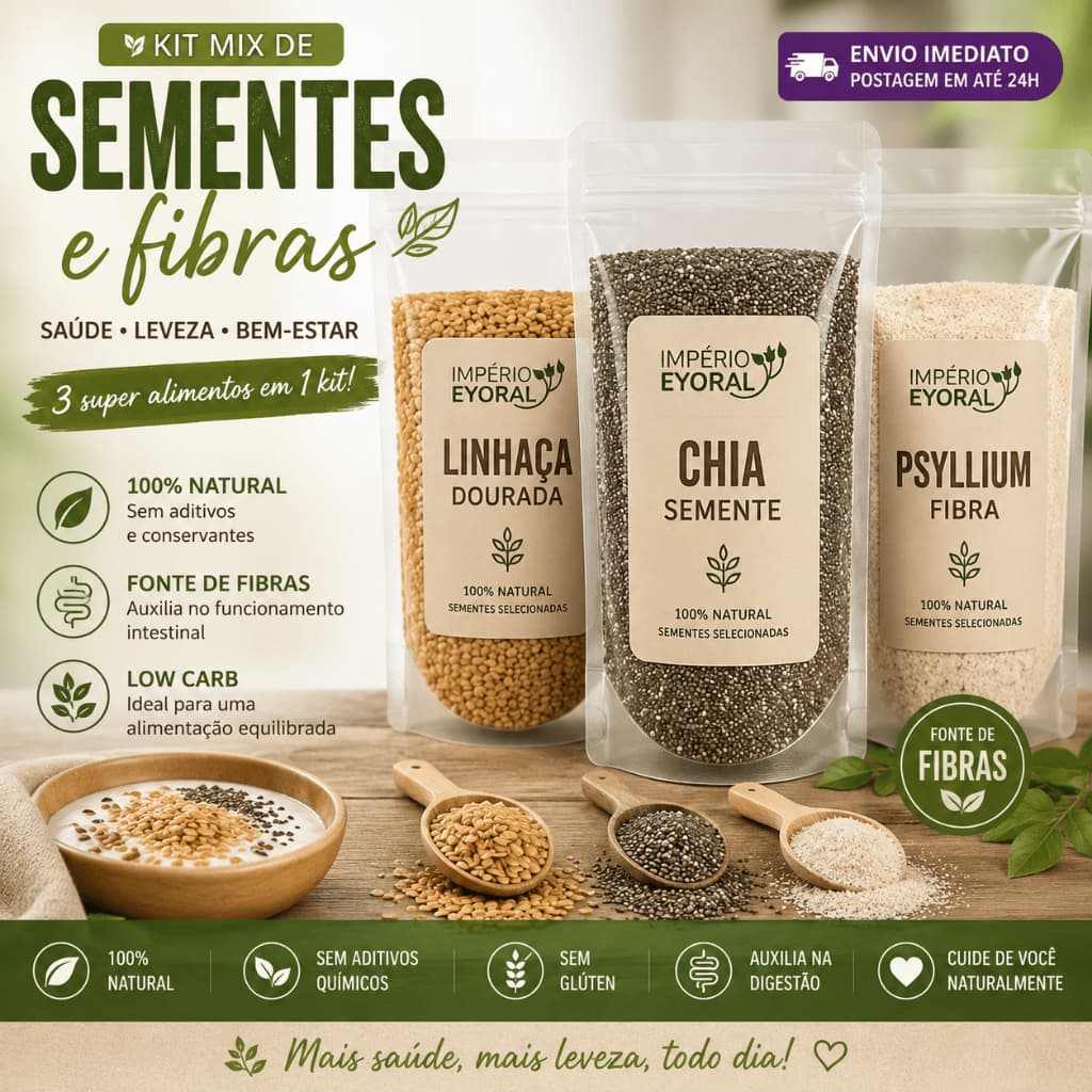 Kit Mix de Sementes Chia + Linhaça + Psyllium Fibras Low Carb Total 750g