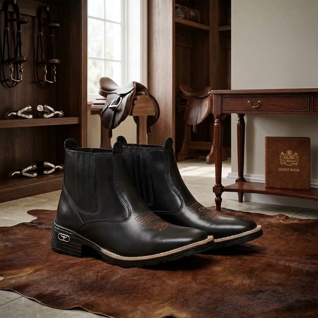 Botina Masculina Bota Texana Preta Confortavel Alta Costura Elástico Lateral Solado Antiderrapante Estiloso