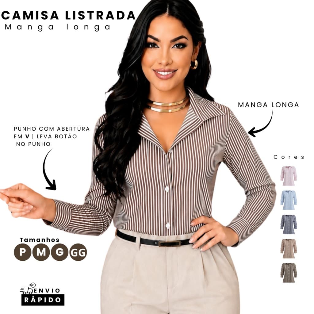 Camisa Social Feminina Listrada Manga Longa Crepe Premium | P ao GG - Blusa Elegante e Confortável