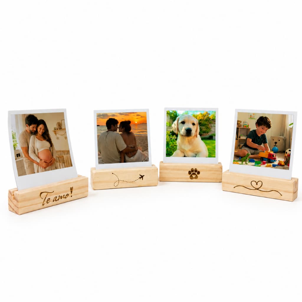 Kit 3 / 6 / 9 / 12 Suporte Porta Retrato Base De Madeira Personalizado 8x2cm Decoração Mesa