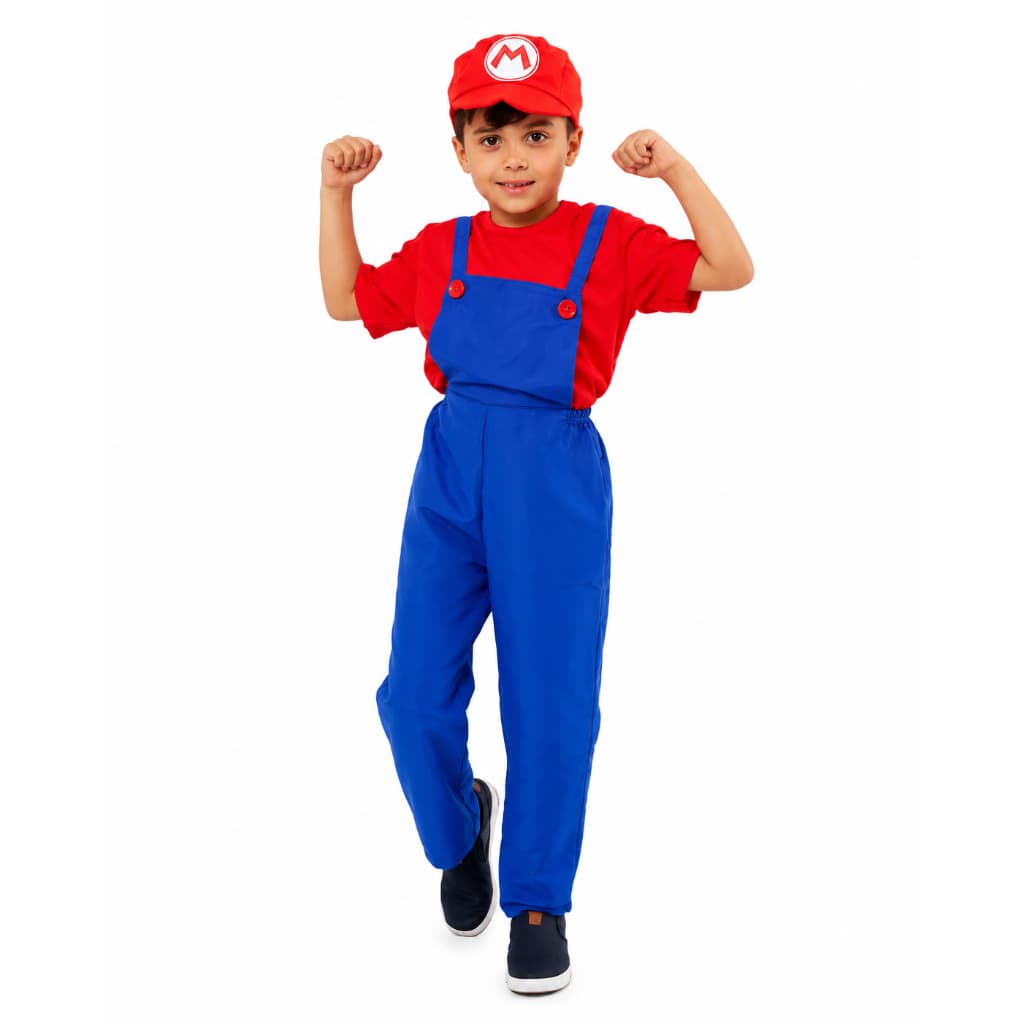 Fantasia Infantil Super Mario Bros Completa com Chapéu para Festa, Aniversário e Carnaval