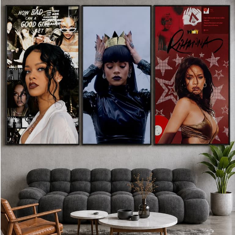 Kit Quadro Decorativo 3 Peças Rihanna Cantora Música Pop Álbuns Exclusivo Fã Sala Quarto Hall