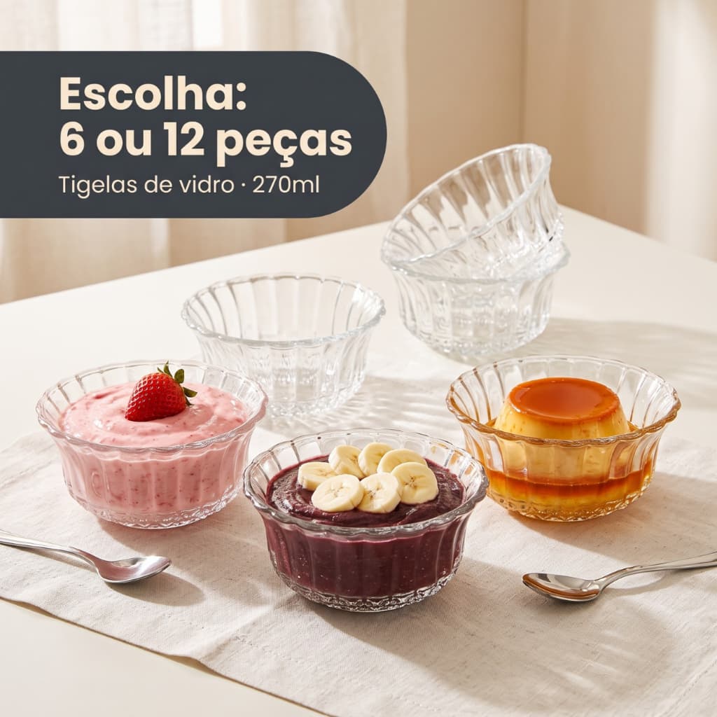 Kit com 6 ou 12 Tigelas Bowls Taças Vidro Forjado Decorado Sobremesas 270ml Doce Sorvete Frutas Aperitivos Cumbuca