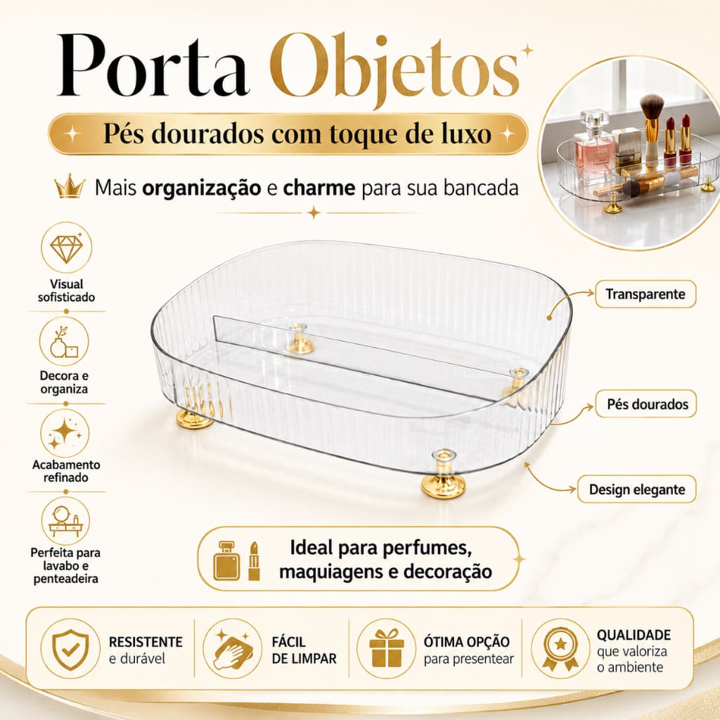 Caixa Organizadora Transparente com Pés Dourados | Organizador de Maquiagem, Bijuterias e Acessórios | Pronta Entrega