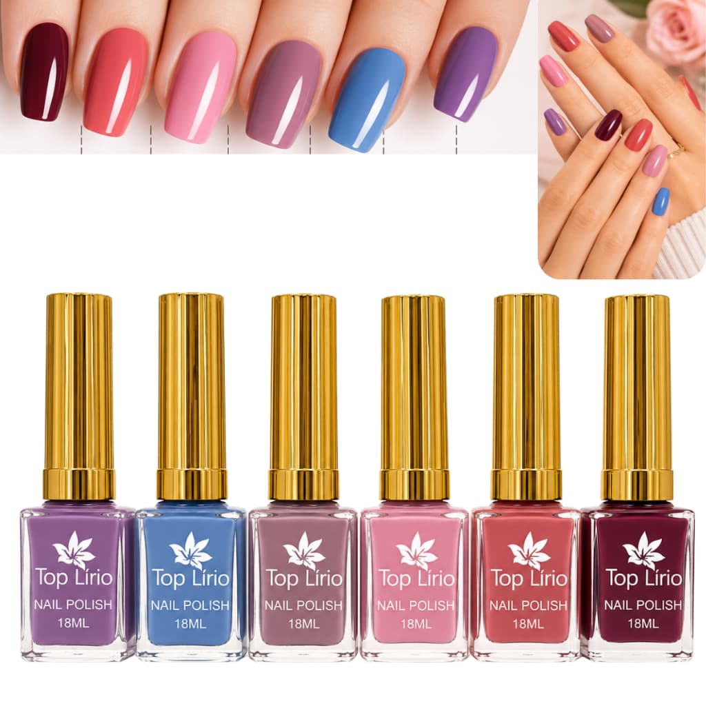 Kit 6 Esmaltes Top Lírio 18ml Cores Variadas Brilho Intenso