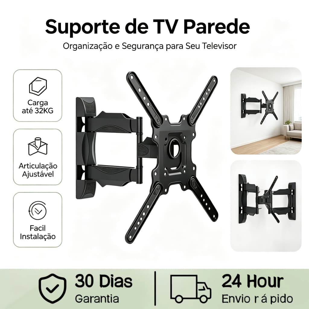 Suporte de TV Articulado Parede, Suporte com Braço Extensível Giratório para TV 32 a 55 Polegadas Suporta Até 32KG