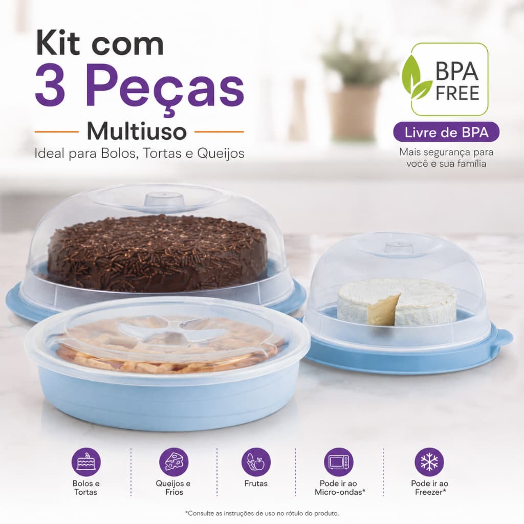 Kit Utensilios Boleira + Queijeira + Torteira de Plastico Com Tampa Armazena Alimentos