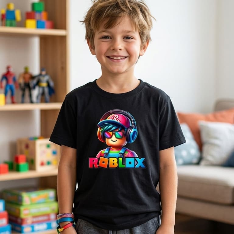 Camiseta Infantil Juvenil Roblox Fone Gamer Menino Menina 100% Algodão Estampa DTF Manga Curta Confortável Casual