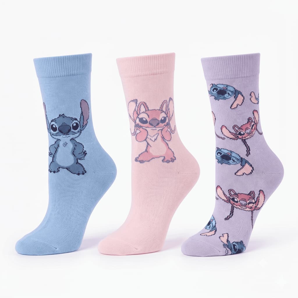 Kit 3 Pares Meia Infantil Menina Feminina Cano Alto Adulto Geek Personagem Divertida Stitch Rosa