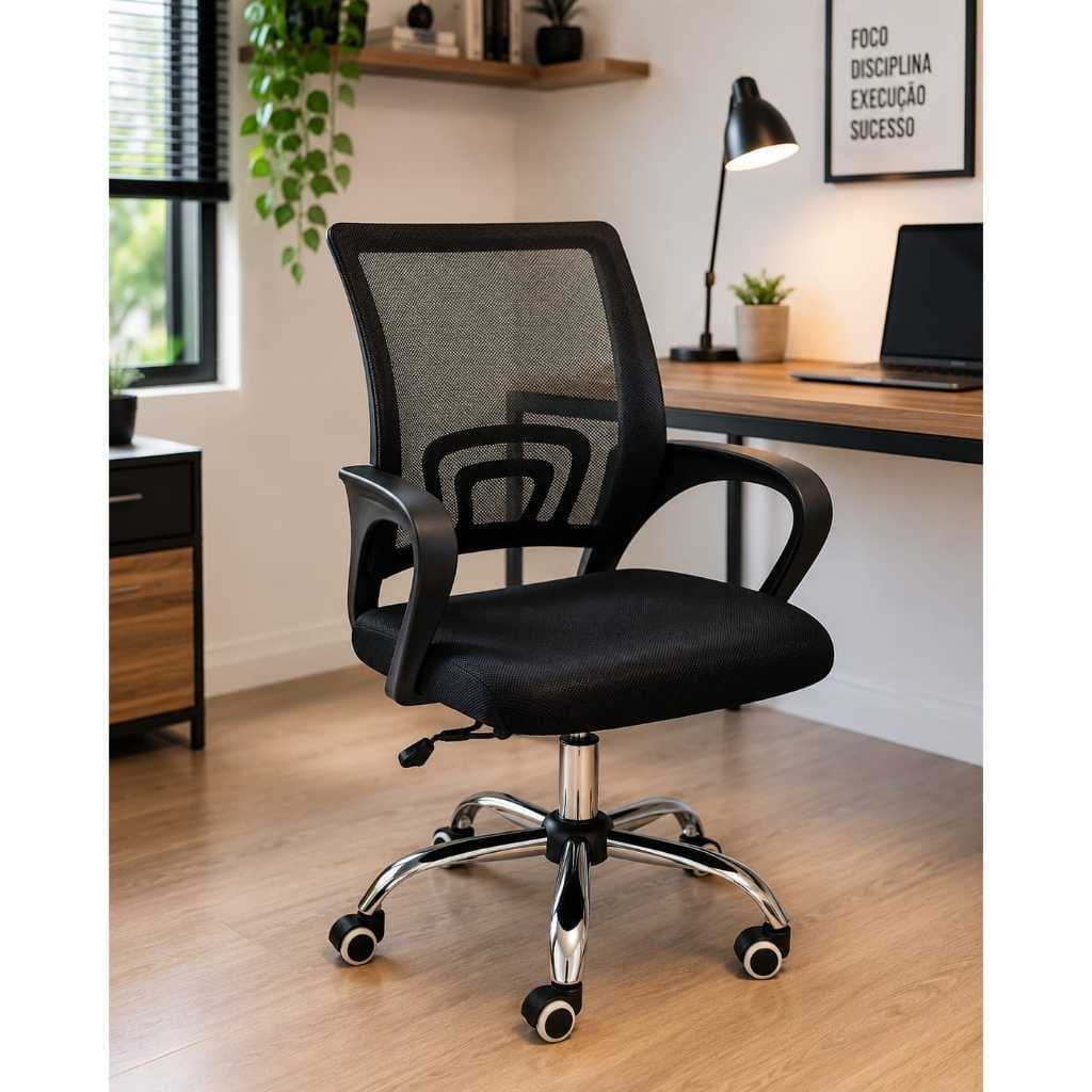 Cadeira de Escritório Ergonômica Mesh Preta Giratória Regulagem de Altura Suporta até 150kg
