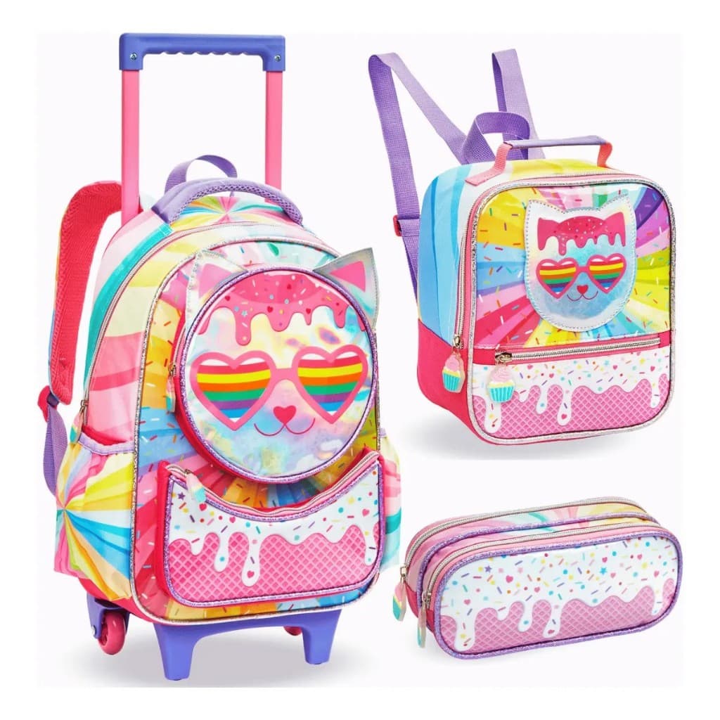 Kit Escolar Infantil Menina Gatinha Mochila de Rodinhas Lancheira Térmica e Estojo 3 Peças Nova Rio