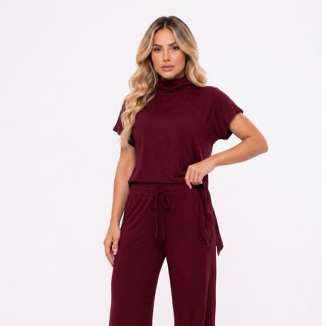 Conjunto Feminino Moletinho Manga Curta Calça Pantalona Look Moderno