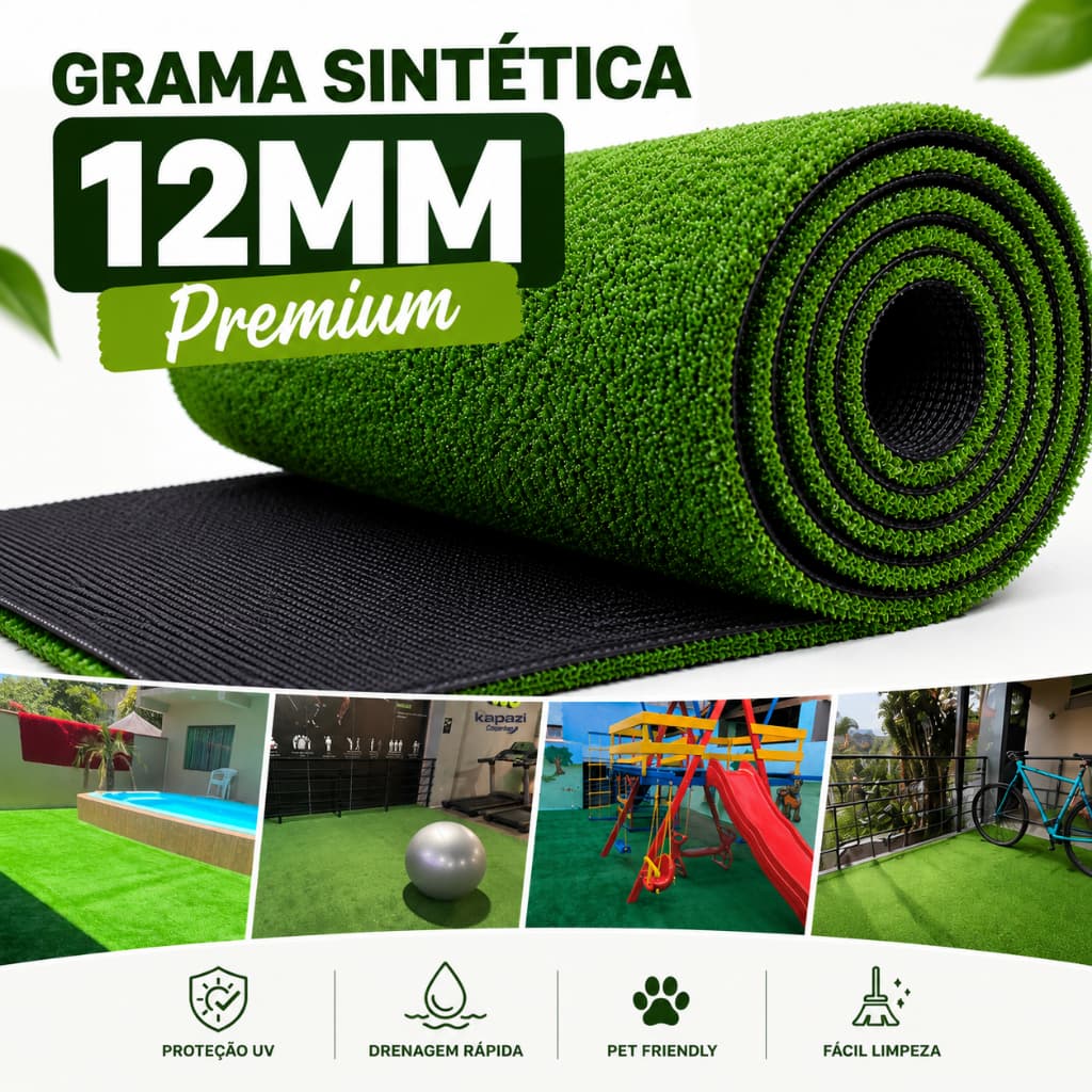 Grama Sintética Espessura 12mm - 4m² | 8m² | 12m² | 16m² - Quintal Academia Evento Jardim