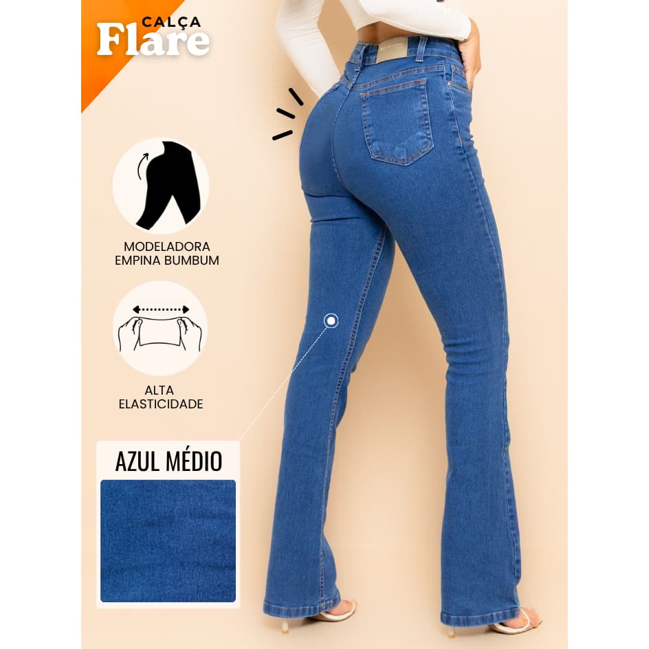 Calça Flare Jeans Feminina Cintura Alta Boca de Sino Com Elastano Lycra Premium Confortável Elegante