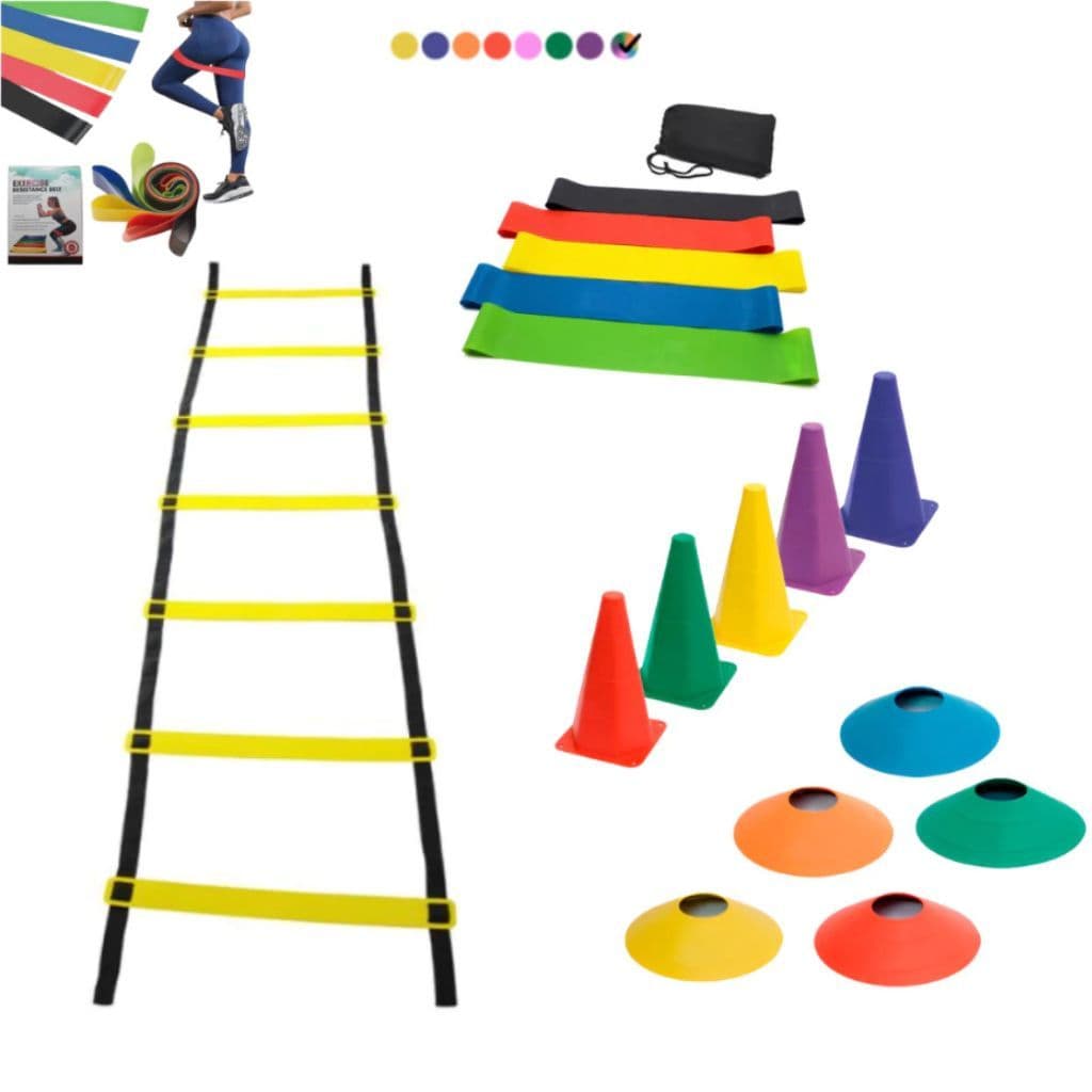 Kit Funcional Agilidade 05 Cones 05 Chapéus Chinês Escada 7 Degraus 01 Kit 5 Faixas Mini Bands