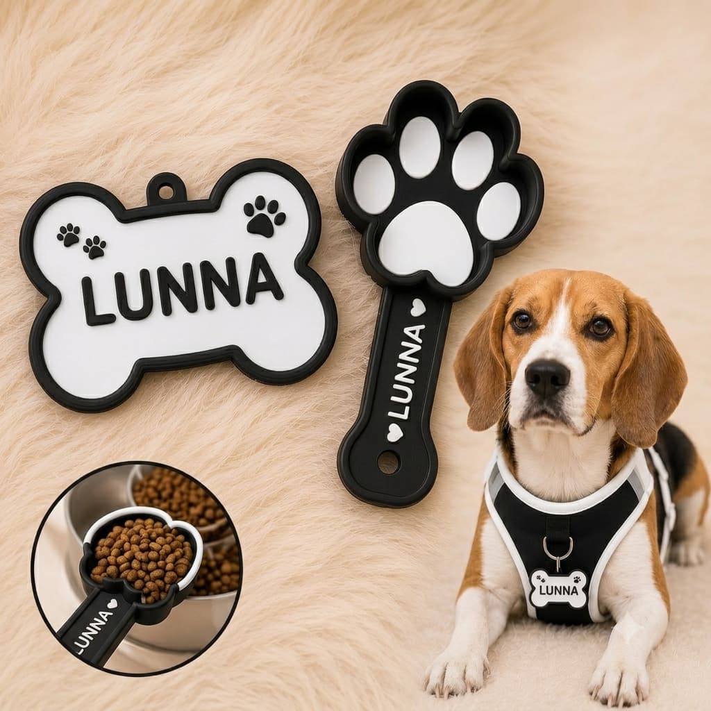 🐾 Kit Pet Personalizado: Tag de Identificação + Pegador de Ração 🦴