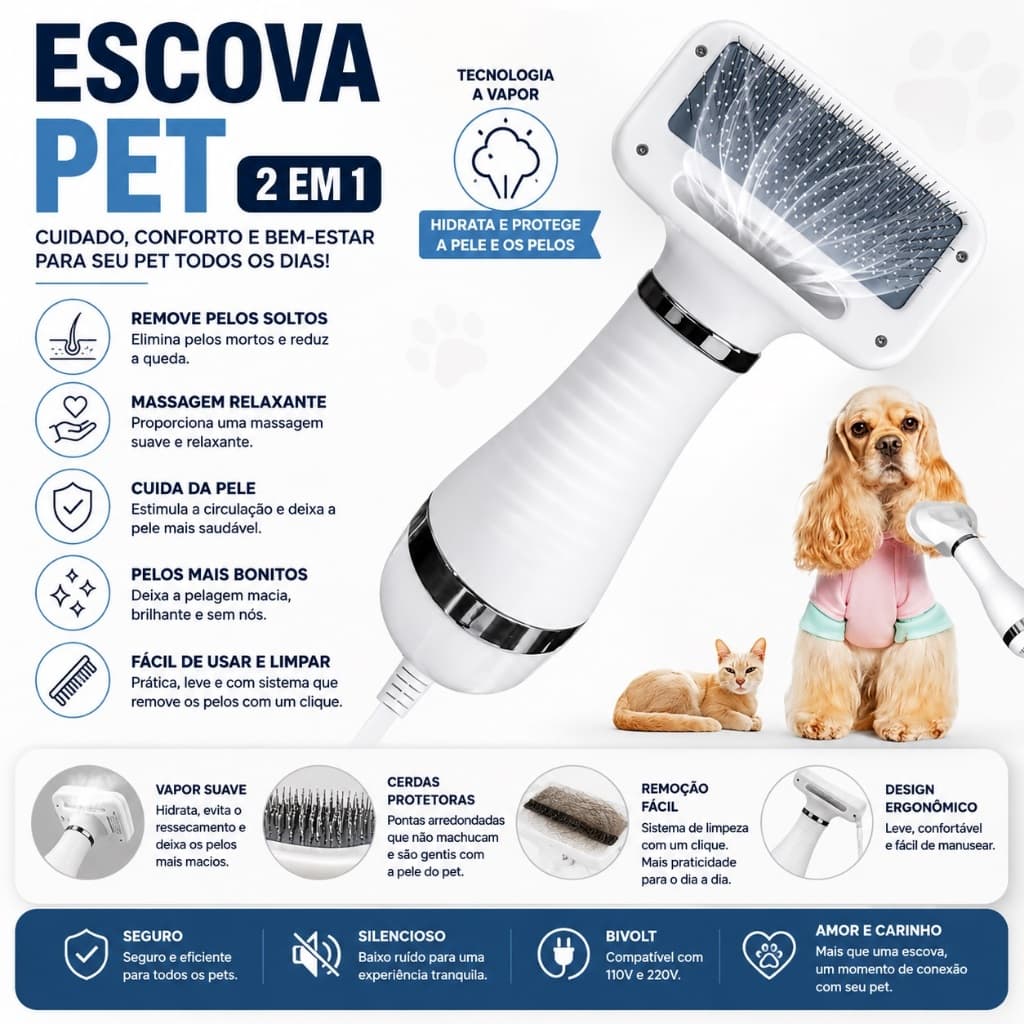 Secador De Pelo Escova Pente Pet Tosa Profissional Portátil 2 IN 1 Remove Pelos Gato Cachorro 110V