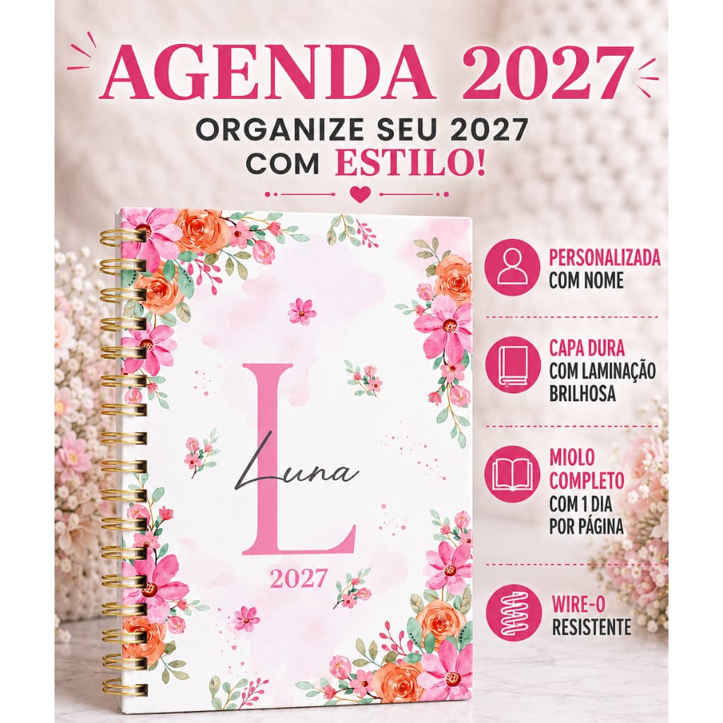 AGENDA 2027 PERSONALIZADA COM NOME - MIOLO COM VERSICULOS - CAPA DURA - BRILHOSA