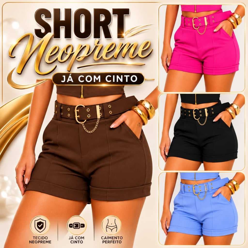 SHORT FEMININO NEOPRENE CINTURA ALTA COM CINTO DOURADO E BOLSOS PREMIUM