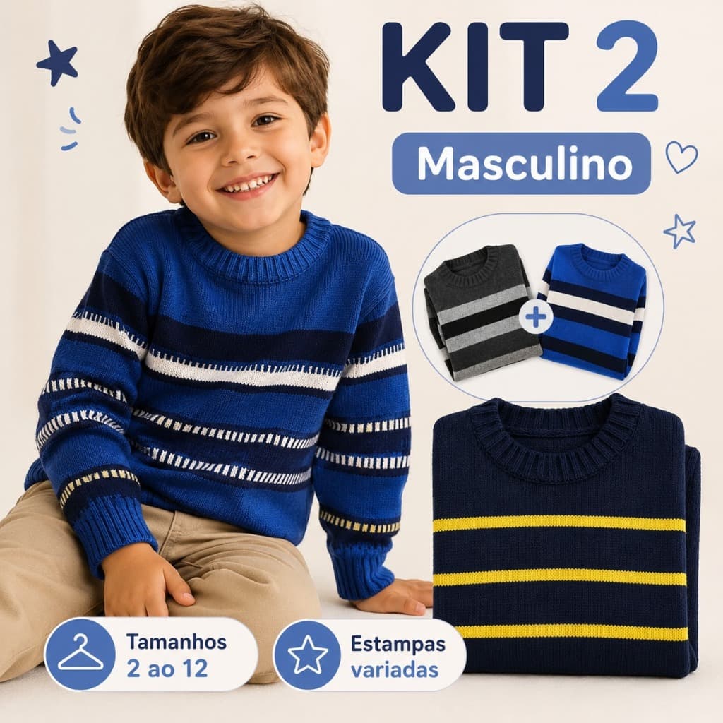 Kit 2 ou 3 Sueter Infantil Tricô Menino masculino Tam 2 ao 16 Cores Variadas Quentinho Confortavel