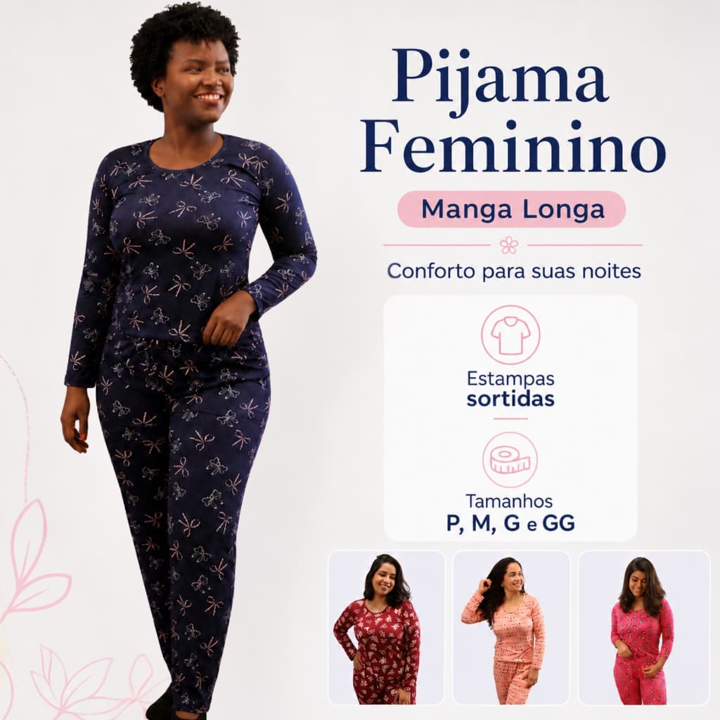 Pijama Feminino Adulto 1 Conjunto Manga Longa Calça Comprida Estampa Sortida P M G GG
