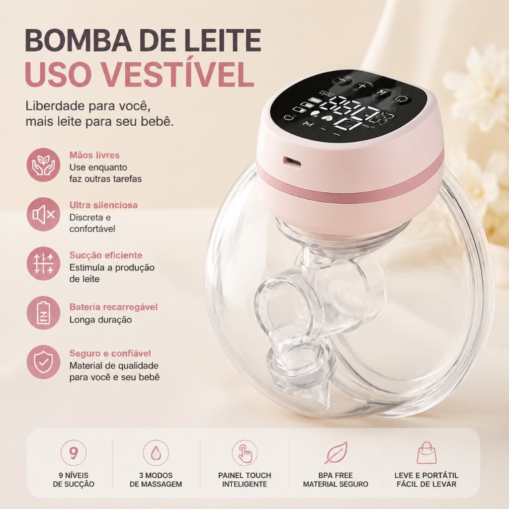 Bomba tira-leite vestível e com as mãos livres; bomba tira-leite elétrica com modo de estimulação de ejeção de leite