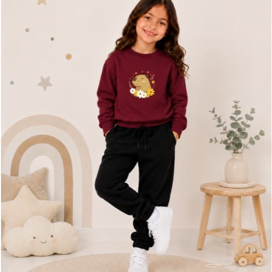 Conjunto Moletom Blusa Gola Careca e Calça Infantil Premium Estampa Capivara Flores Fofa