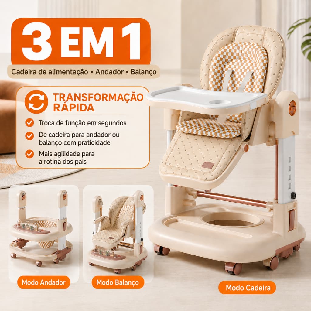 Andador 3 em 1 Multifuncional para Bebê | Andador, Cadeira de Alimentação e Balanço com Base Ampliada e Rodas 360°