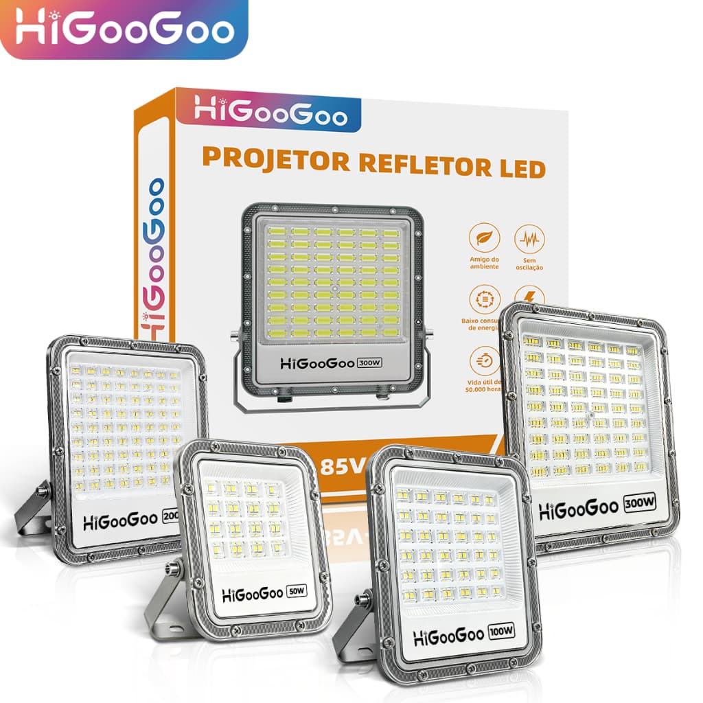 Refletor LED HiGooGoo 50/100/ 200/300W IP66 Holofote Bivolt Super Brilhante Externa