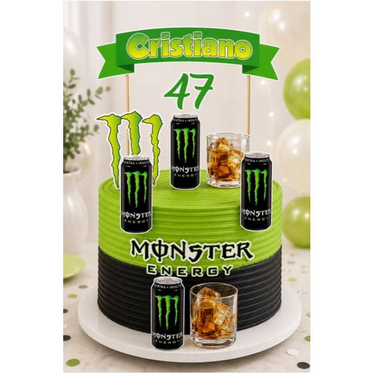 Topper Topo de bolo Monster energetico Personalizado c/ nome e idade