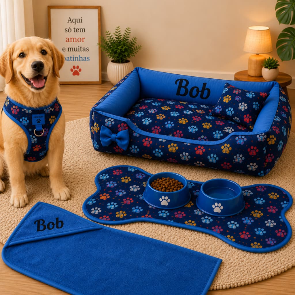 Kit Pet Personalizado 4 Peças com Nome | Cama, Tapete Comedouro e Toalha para Cachorros e Gatos