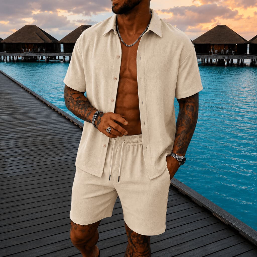 Conjunto Praia Masculino Em Linho Com Camisa Lisa E Shorts Mauricinho Slim Fit