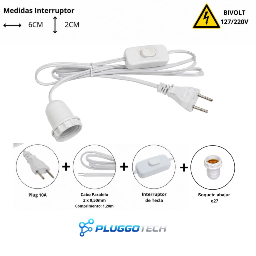 Cordão de Abajur Cabo Rabicho Com Soquete Coluna E27 Bivolt Completo Disponível em Vários Tamanhos