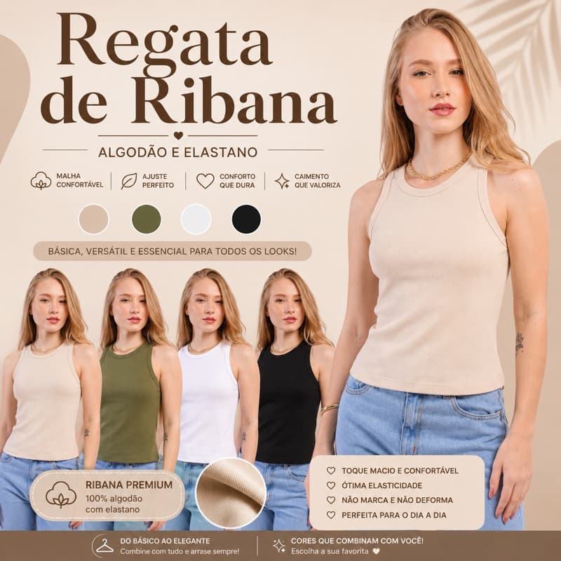 Regata nadador Ribana canelada femininas algodão blusa gola redonda camiseta básica lisa preta branca nude